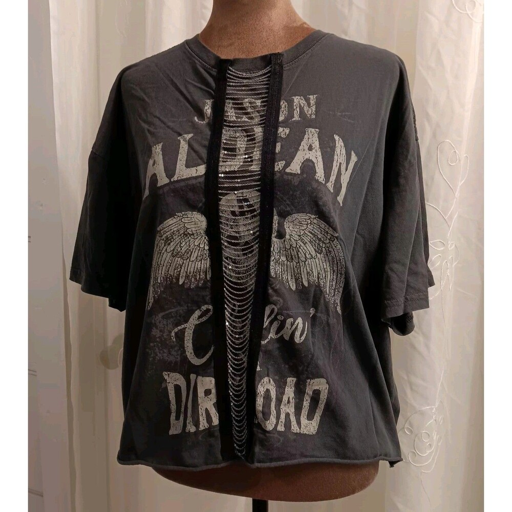 Jason Aldean Embellished Crop Top Women Sz Large  Western Boho Tee Festival Rock